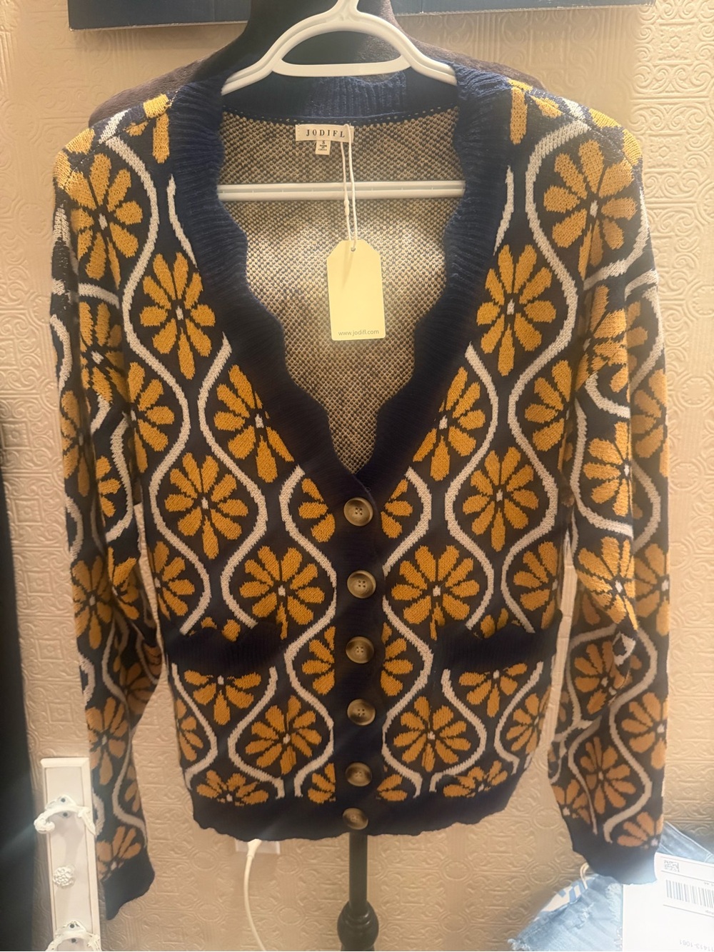 JODIFL Navy Cardigan with Mustard Floral Jacquard